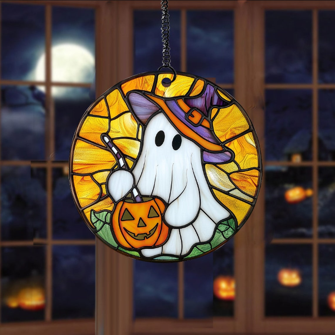 Ghost Witch Drink Pumpkin Suncatcher Ornament, Halloween Cute Ghost Ornament Gift