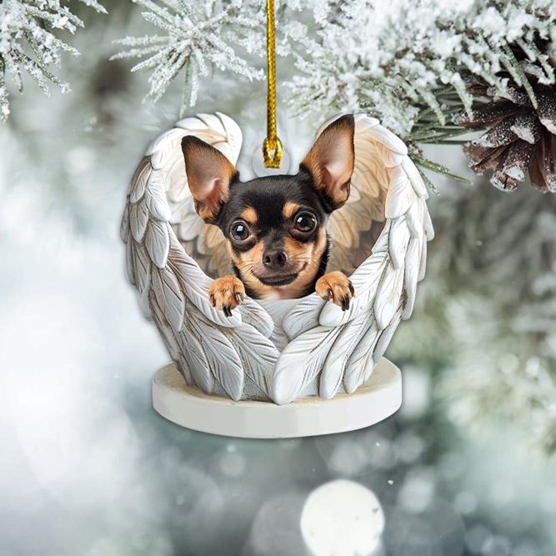 Cute Chihuahua Dog Angel Wings Ornament, Chihuahua Dog Flat Hanging Christmas Ornament Decor