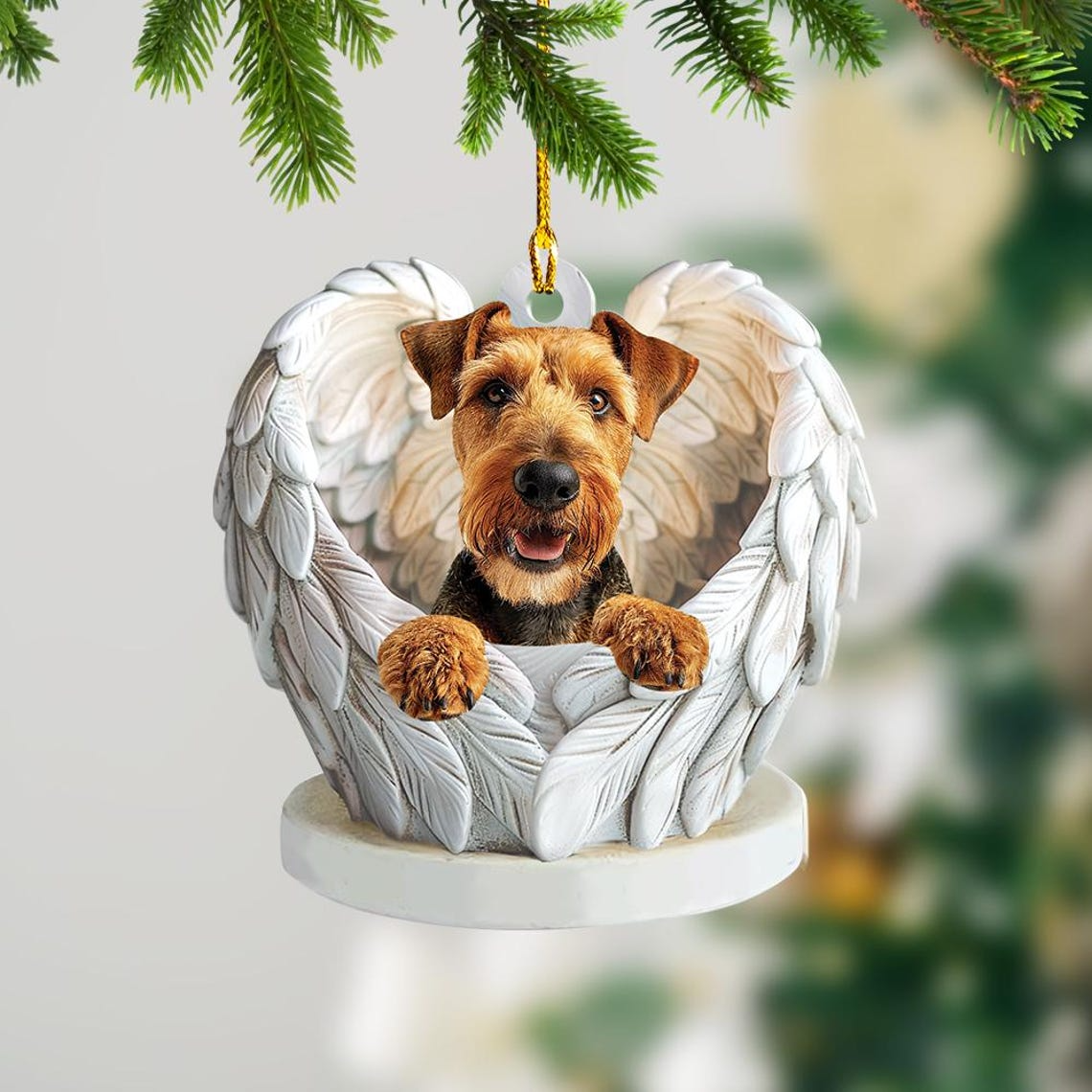 Airedale Terrier Dog Angel Wings Ornament, Christmas Cute Dog Flat Hanging Decor Ornament