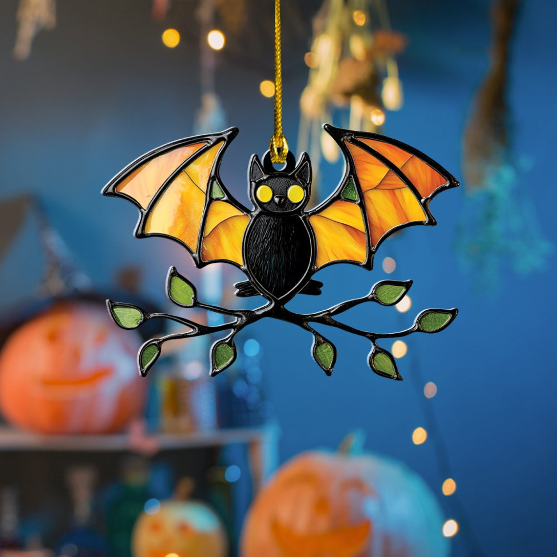 Bat Eyes Yellow Halloween Suncatcher Ornament, Halloween Bat Hanging Decor Gift