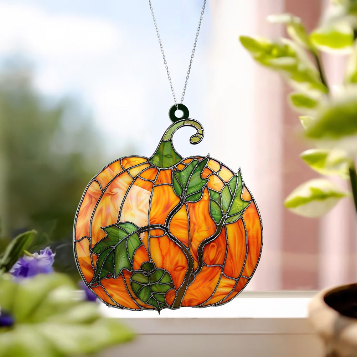 Pumpkin & Leaves Autumn Suncatcher, Halloween Pumpkin Hanging Window Ornament