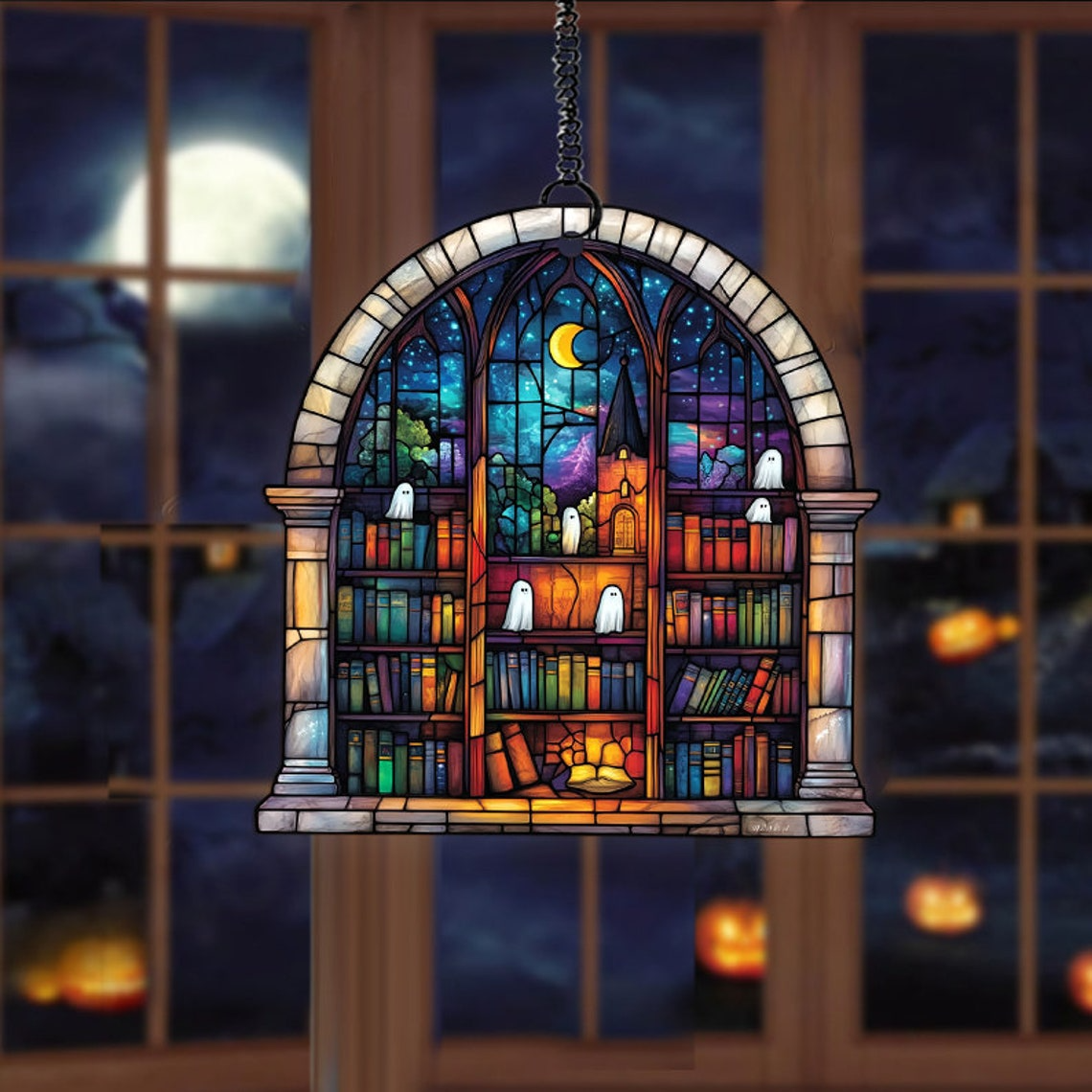 Ghosts in Haunted Library Suncatcher, Spooky Ghost Window Hanging Decor