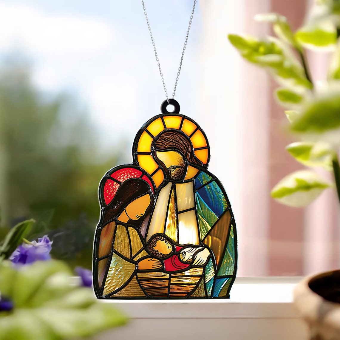 Jesus Nativity Family Suncatcher Ornament, Christian Faith Window Suncatcher