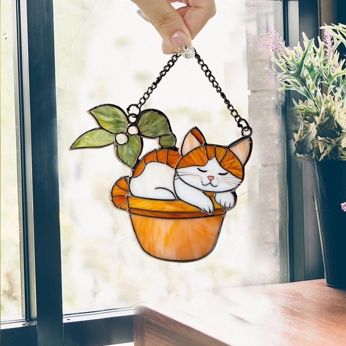 Cat on Flower Pot Hanging Window Suncatcher, Pet on Flower Pot Decor Gift