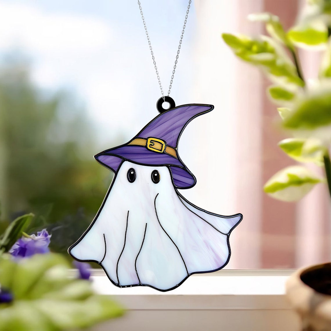 Cute Ghost Witch and Hat Purple Suncatcher, Halloween Witch Boo Ornament Gift