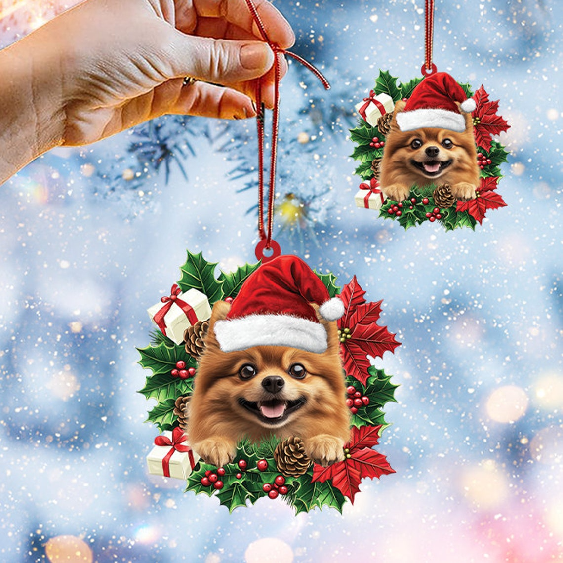 Pomeranian Dog Christmas Wreath Ornament, Pomeranian Dog Christmas Tree Ornament Decor