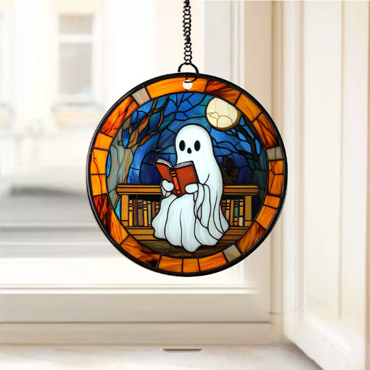 Ghost Reading Book on the Moon Suncatcher, Cute Ghost Stained Glass Decor