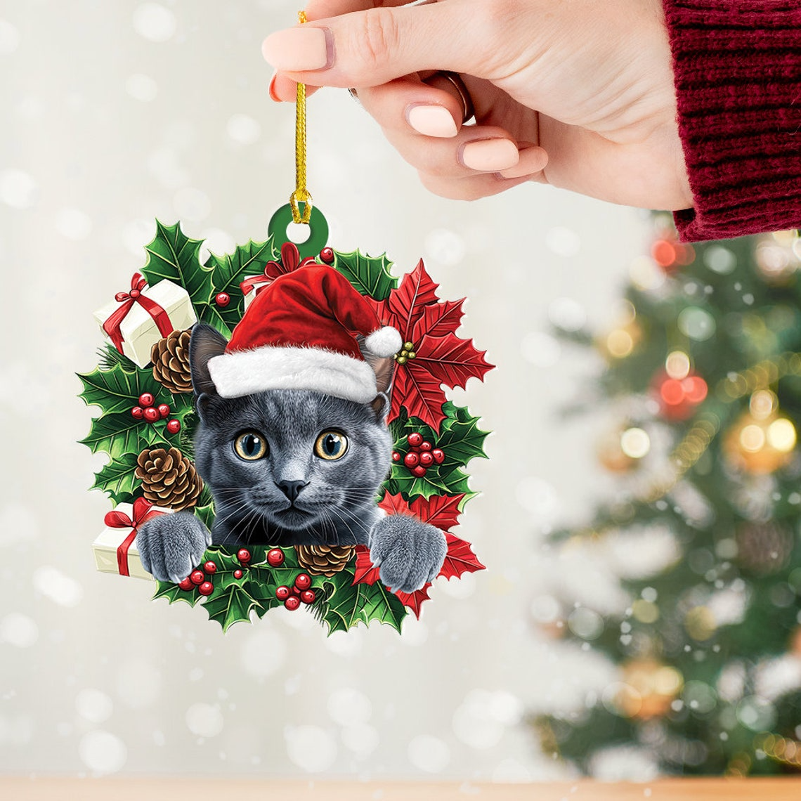 Cute Cat Hanging Christmas Wreath Ornament, Russian Blue Cat Christmas Ornament Decor Gift