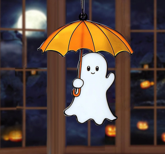 Halloween Ghost Funny Holding Umbrella Suncatcher, Cute Ghost Hanging Ornament Home Decor