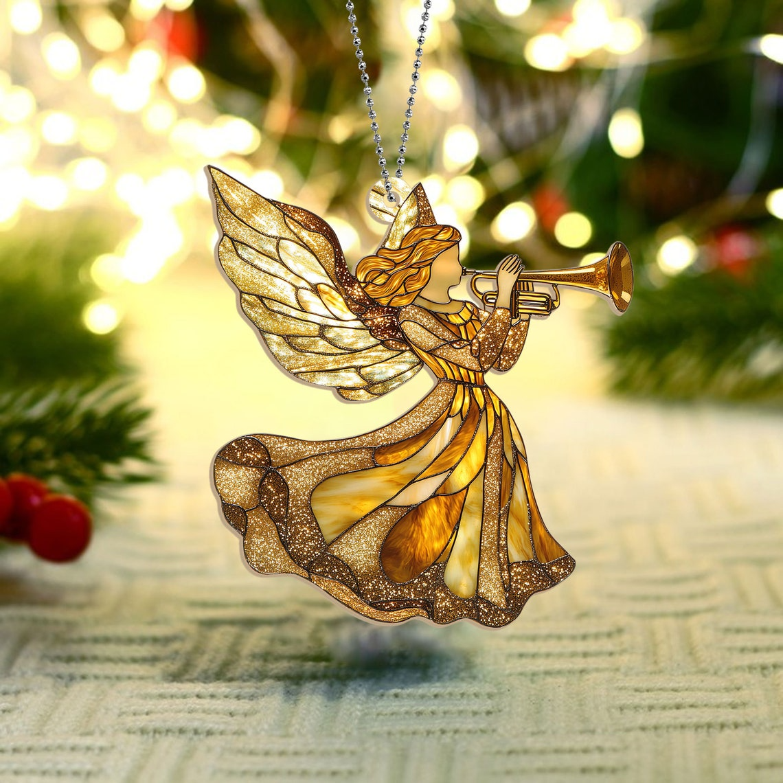 Angel with Trumpet Christmas Suncatcher, Angel with Trumpet Ornament Home Decor