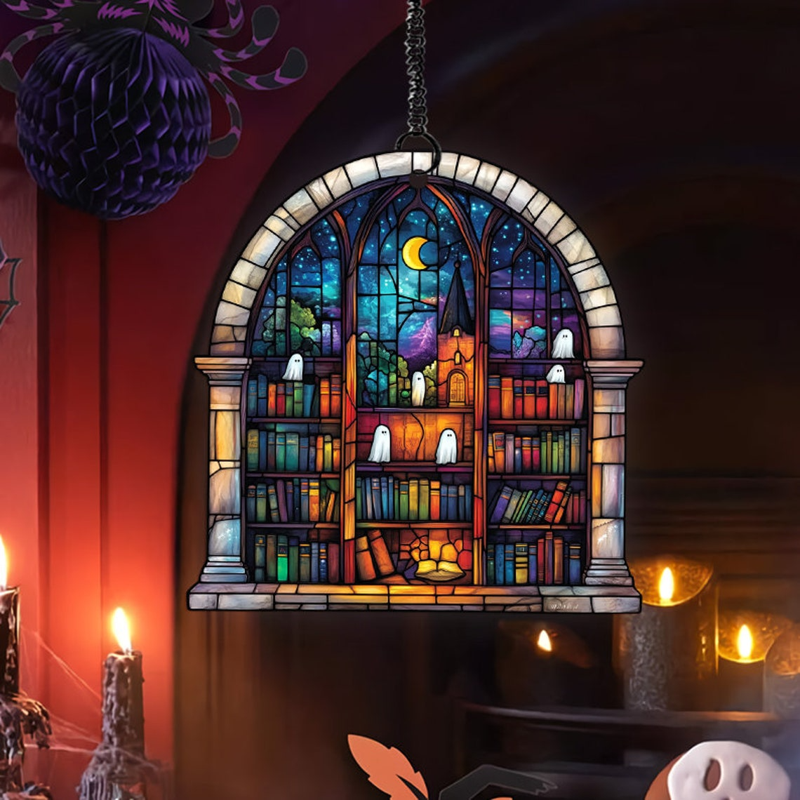 Ghosts in Haunted Library Suncatcher, Spooky Ghost Window Hanging Decor