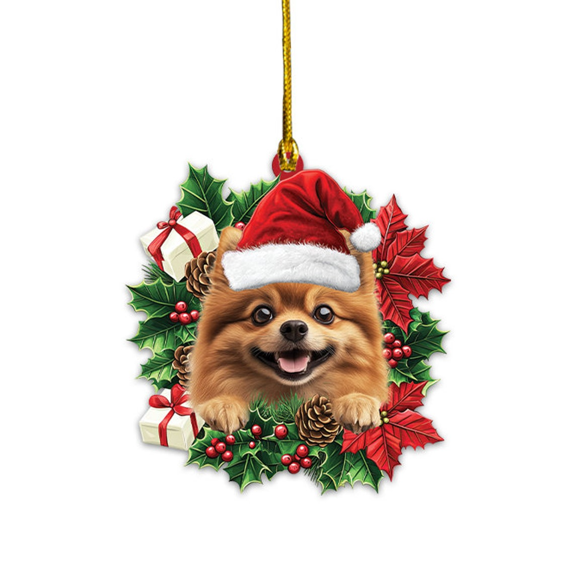 Pomeranian Dog Christmas Wreath Ornament, Pomeranian Dog Christmas Tree Ornament Decor