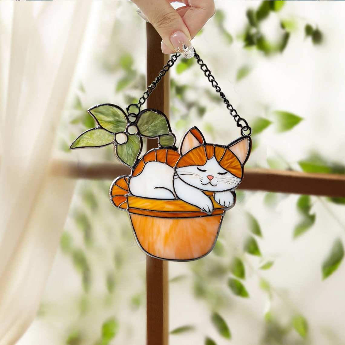 Cat on Flower Pot Hanging Window Suncatcher, Pet on Flower Pot Decor Gift