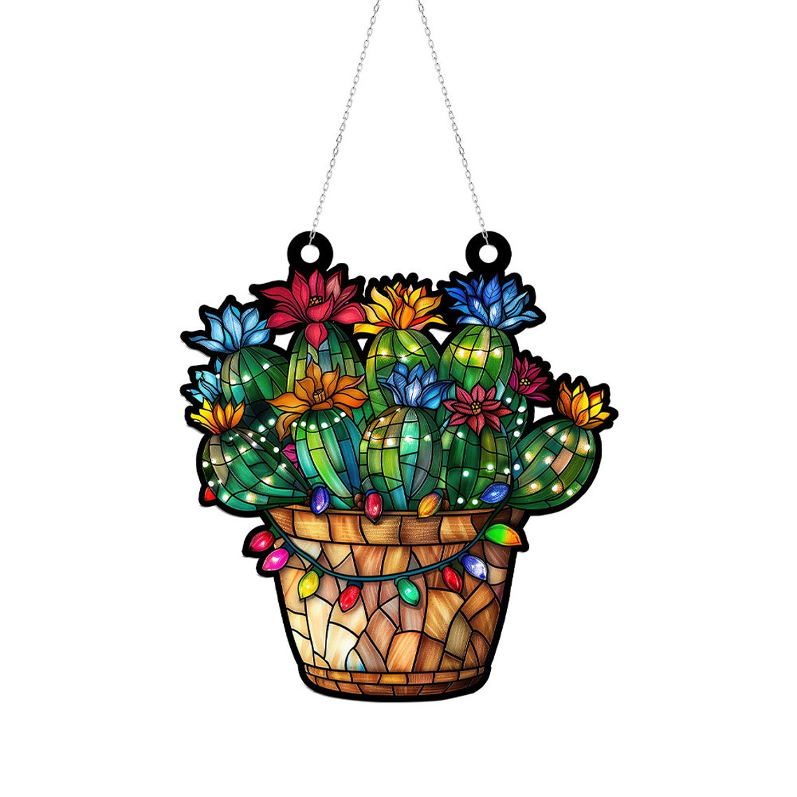 Flower Cactus Pot Christmas Ornament, Succulent Cactus Flowers Window Suncatcher