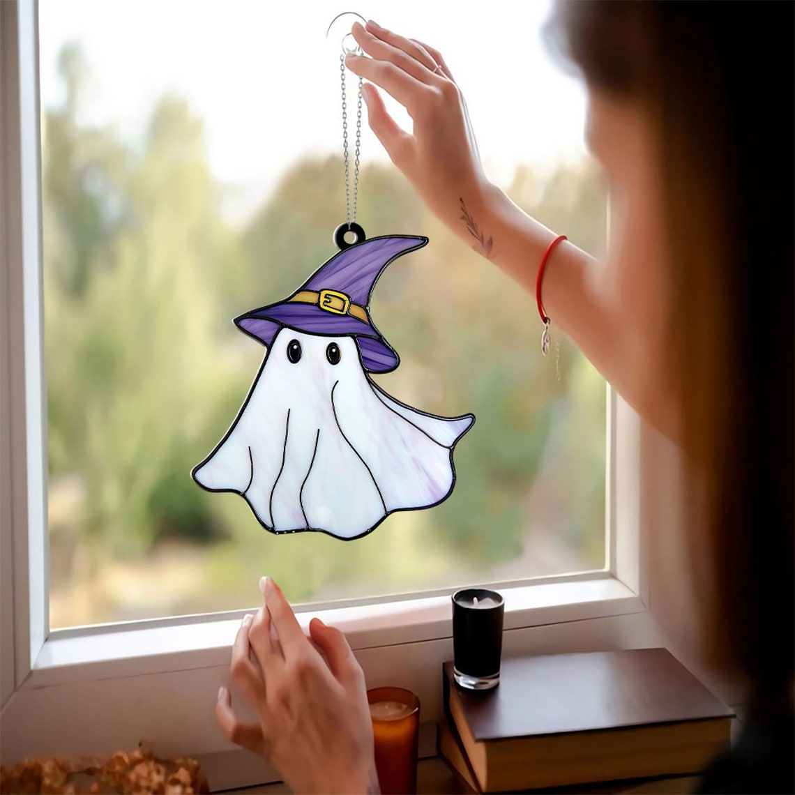 Cute Ghost Witch and Hat Purple Suncatcher, Halloween Witch Boo Ornament Gift