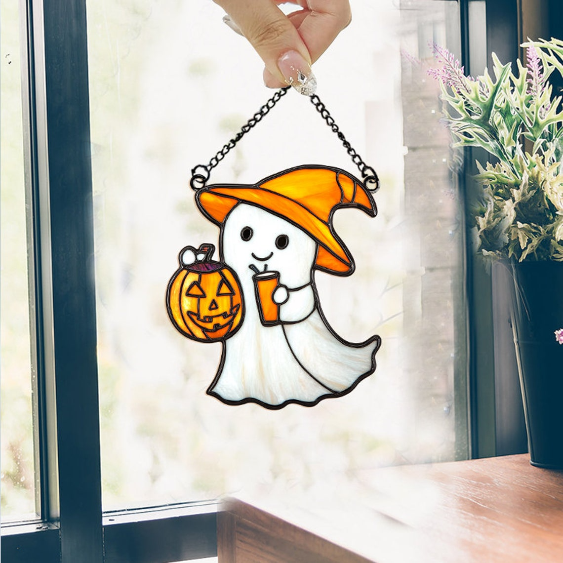 Cute Ghost And Pumpkin Halloween Suncatcher, Ghost Window Hanging Ornament