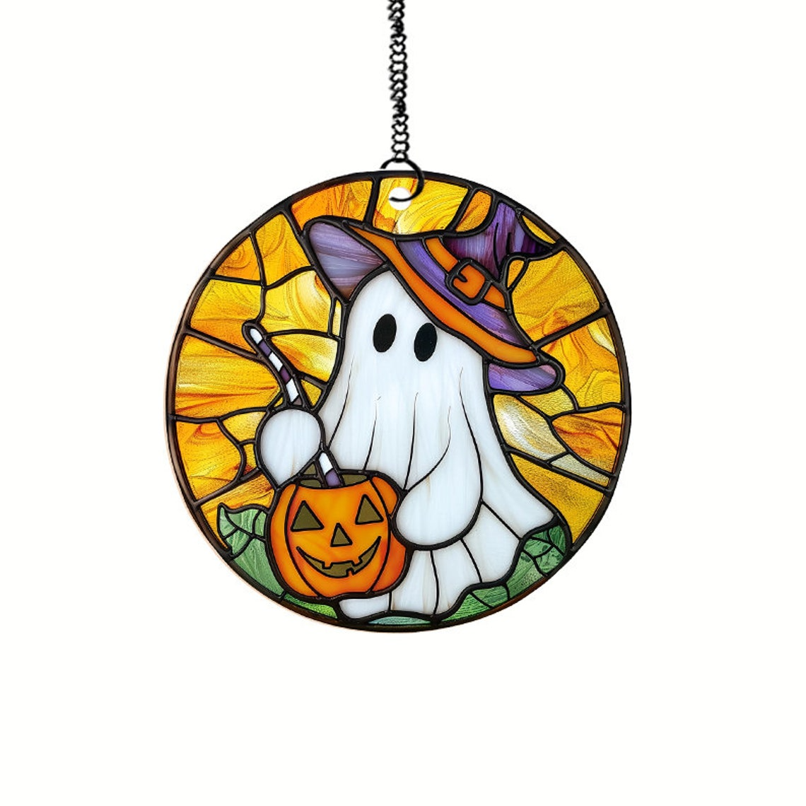 Ghost Witch Drink Pumpkin Suncatcher Ornament, Halloween Cute Ghost Ornament Gift