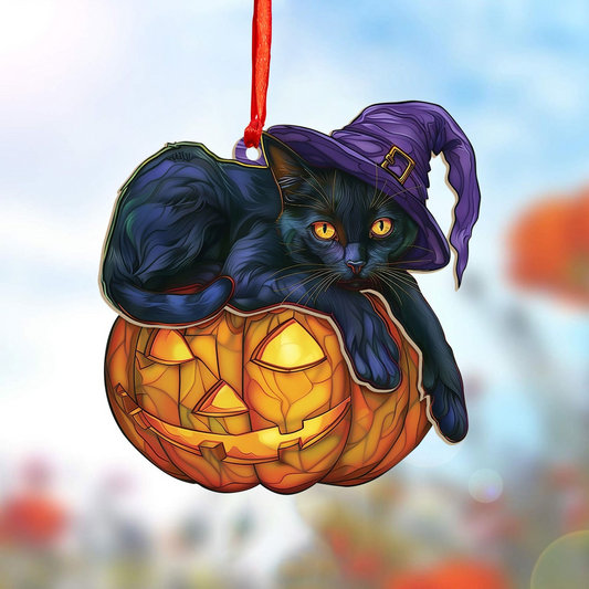 Cat Wearing Purple Witch Hat Halloween Suncatcher, Halloween Cat Pumpkin Ornament Decor