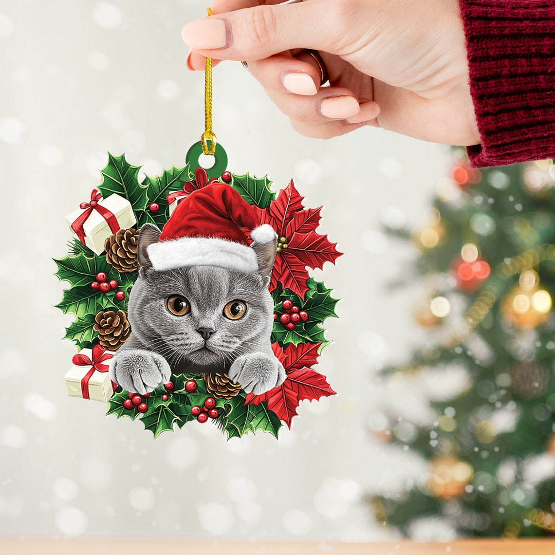 British Shorthair Cat Christmas Wreath Ornament, British Shorthair Cat Car Ornament Decor Gift