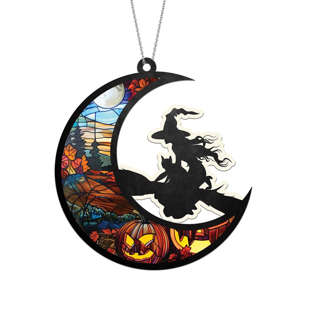 Witch with Black Cat Mosaic Moon Suncatcher, Witch On Moon Window Hanging Ornament