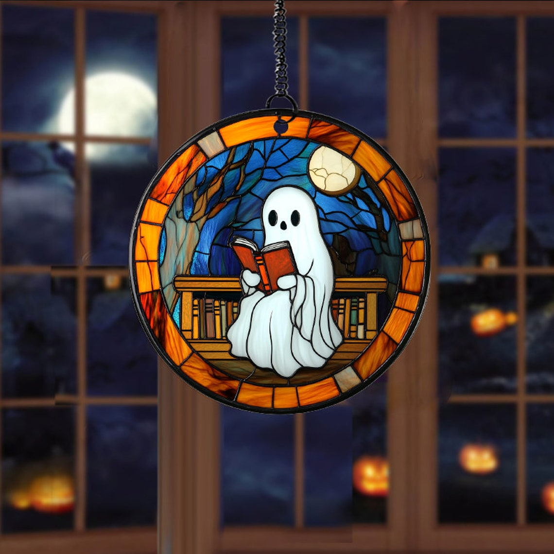 Ghost Reading Book on the Moon Suncatcher, Cute Ghost Stained Glass Decor