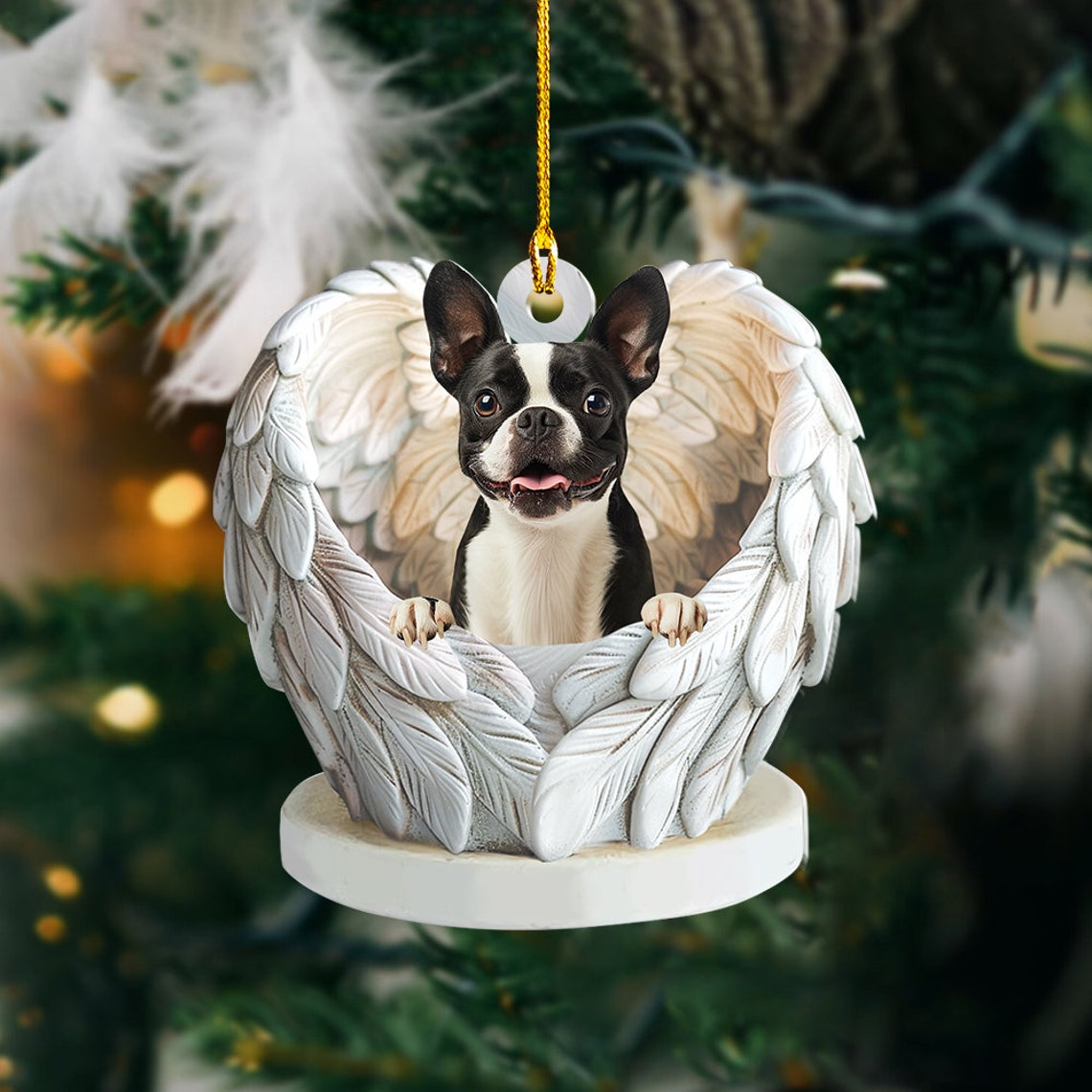 Boston Terrier Dog Angel Wings Christmas Ornament, Boston Terrier Dog Hanging Christmas Ornament