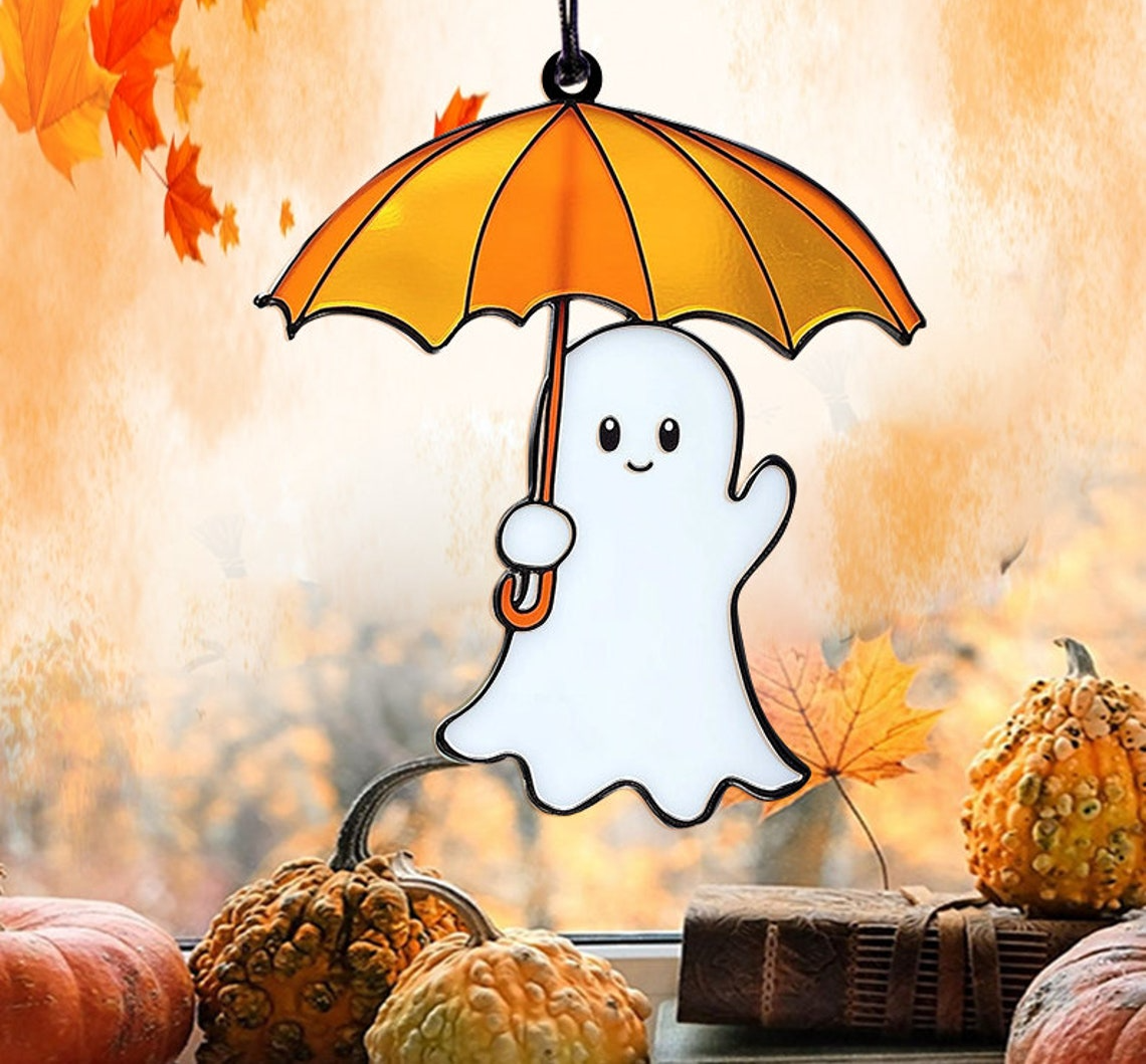 Halloween Ghost Funny Holding Umbrella Suncatcher, Cute Ghost Hanging Ornament Home Decor