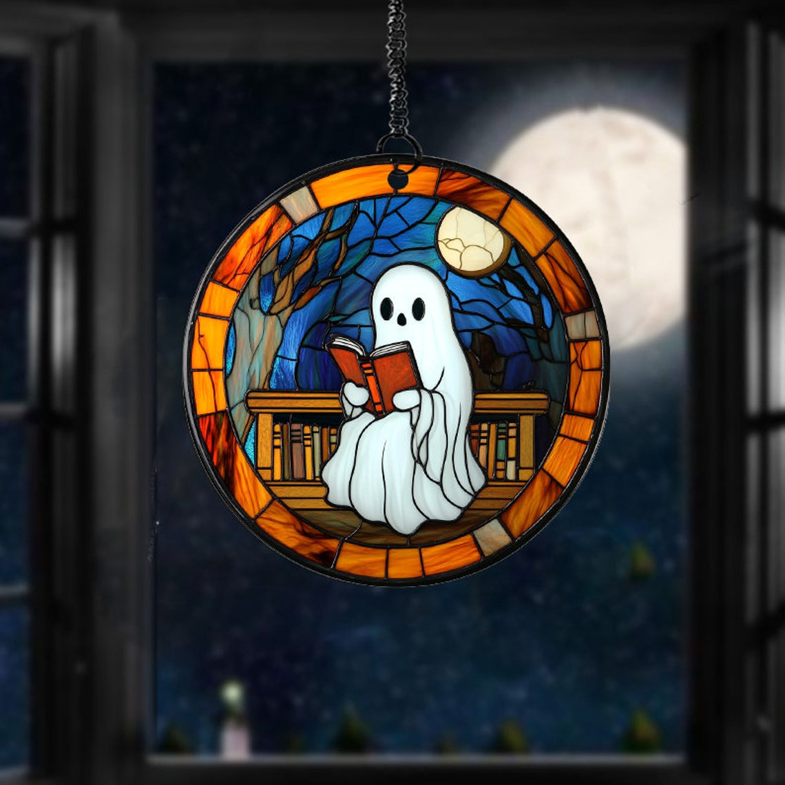 Ghost Reading Book on the Moon Suncatcher, Cute Ghost Stained Glass Decor