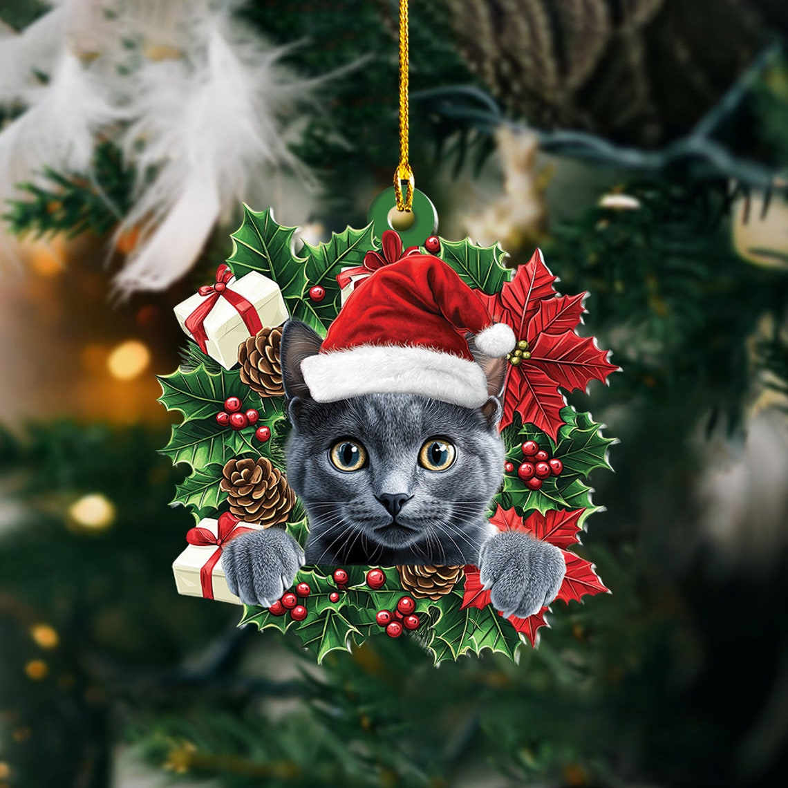 Cute Cat Hanging Christmas Wreath Ornament, Russian Blue Cat Christmas Ornament Decor Gift