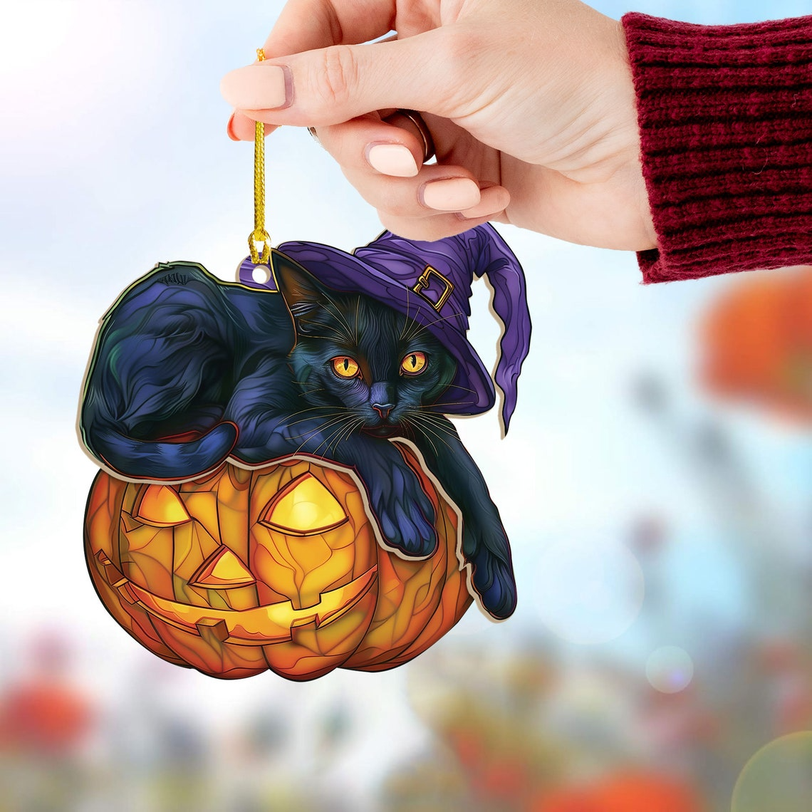 Cat Wearing Purple Witch Hat Halloween Suncatcher, Halloween Cat Pumpkin Ornament Decor