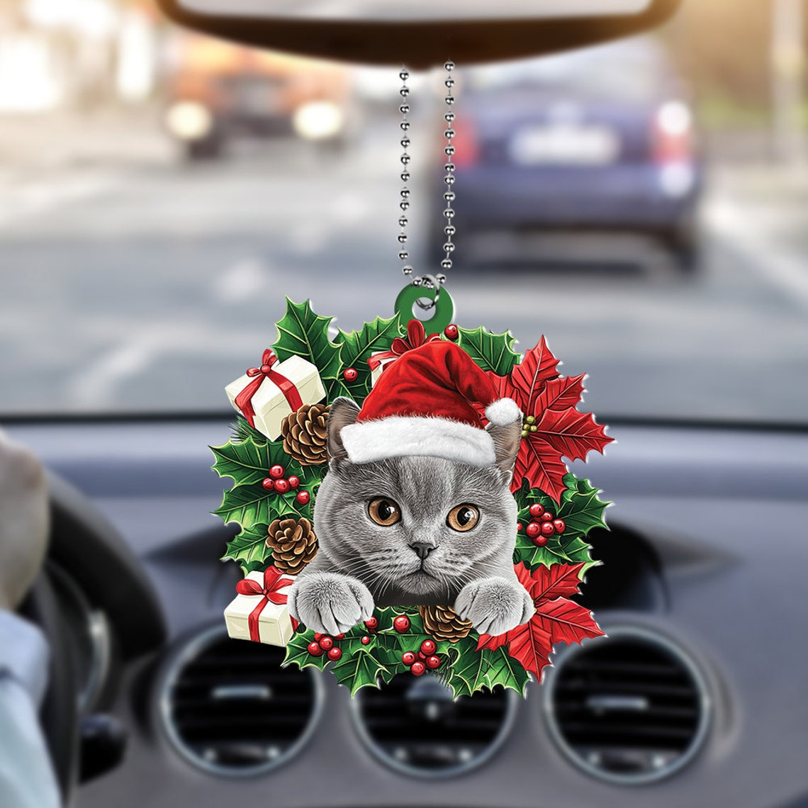 British Shorthair Cat Christmas Wreath Ornament, British Shorthair Cat Car Ornament Decor Gift