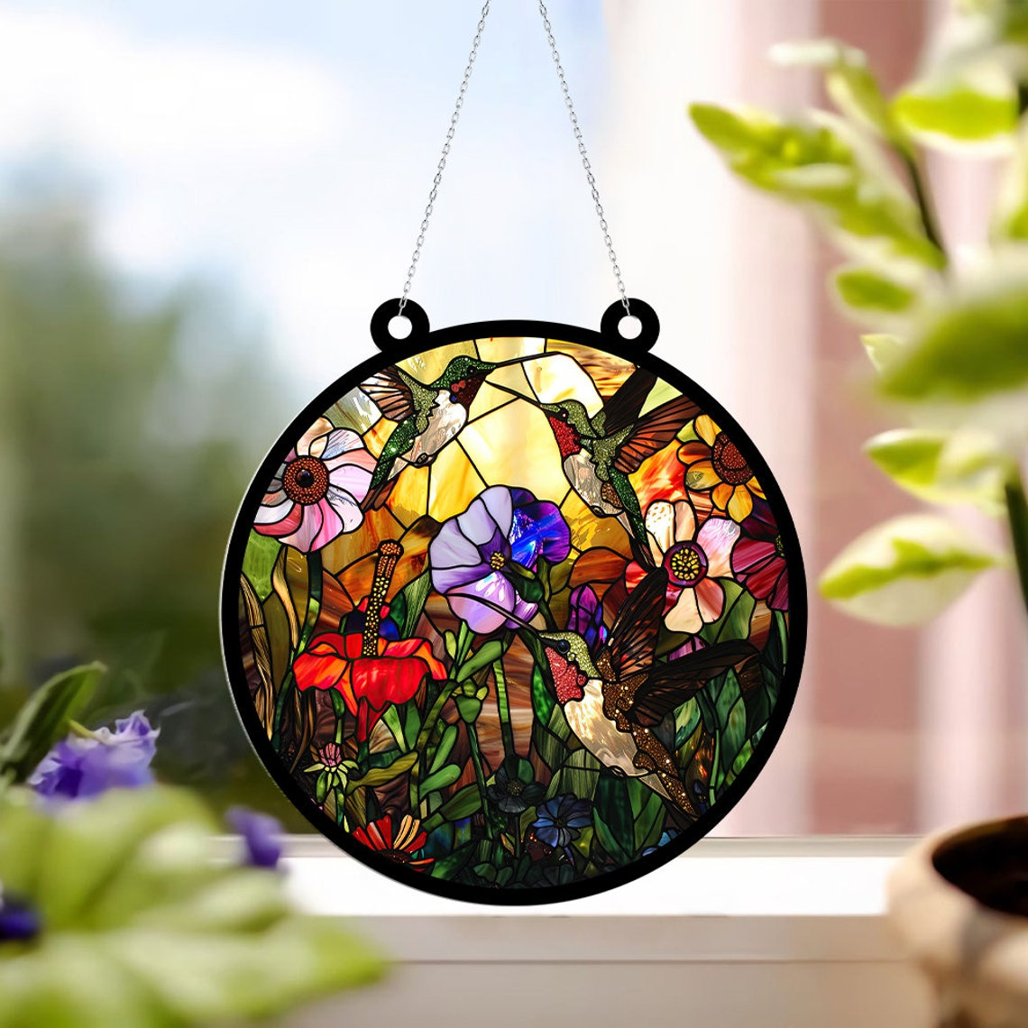 Hummingbirds and Wild Flowers Suncatcher Ornament, Bird and Flower Window Hanging Ornament