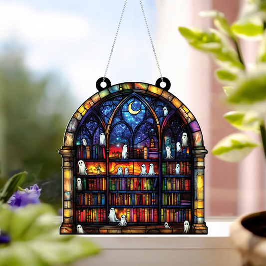 Ghosts in Haunted Library in the Night Suncatcher, Spooky Ghost Home Decor Ornament