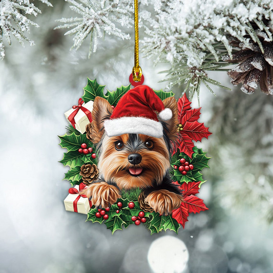 Yorkshire Terrier Dog Christmas Wreath Ornament, Yorkshire Terrier Dog Christmas Ornament