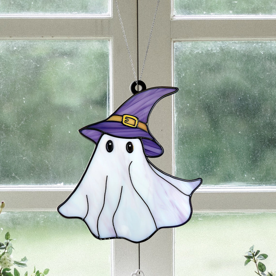 Cute Ghost Witch and Hat Purple Suncatcher, Halloween Witch Boo Ornament Gift