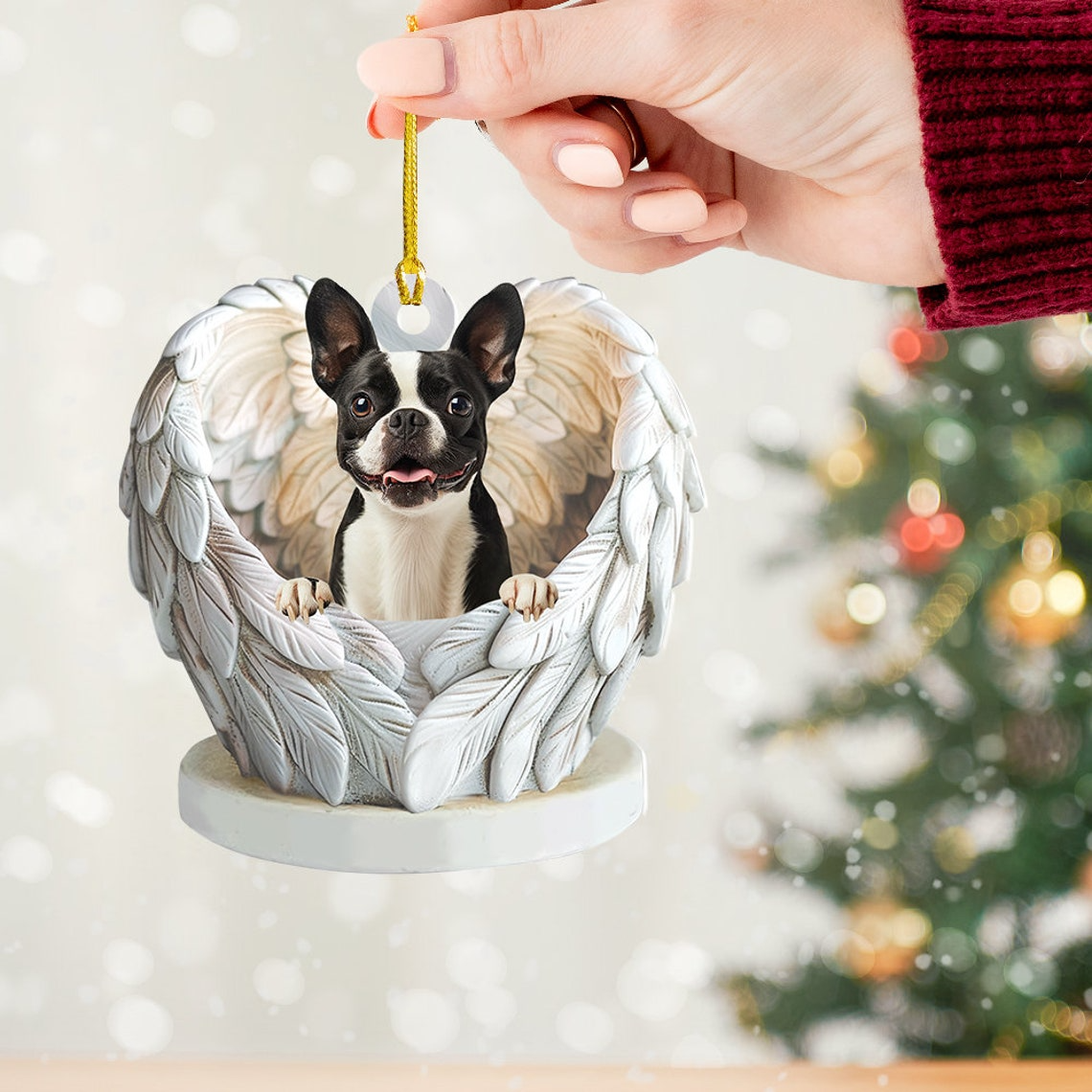 Boston Terrier Dog Angel Wings Christmas Ornament, Boston Terrier Dog Hanging Christmas Ornament