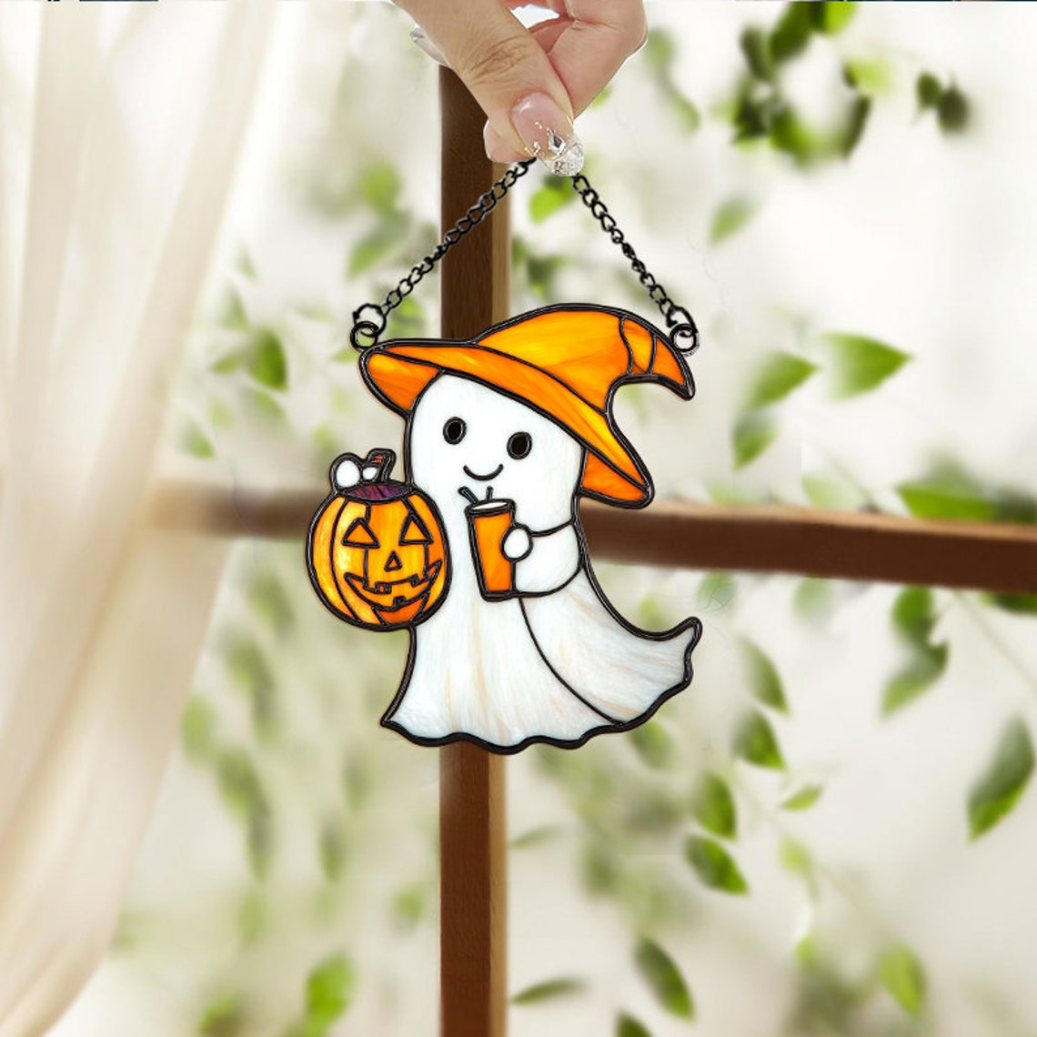 Cute Ghost And Pumpkin Halloween Suncatcher, Ghost Window Hanging Ornament