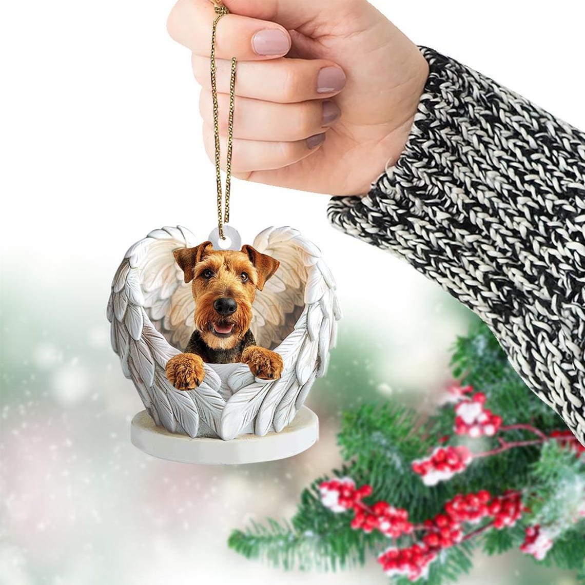 Airedale Terrier Dog Angel Wings Ornament, Christmas Cute Dog Flat Hanging Decor Ornament