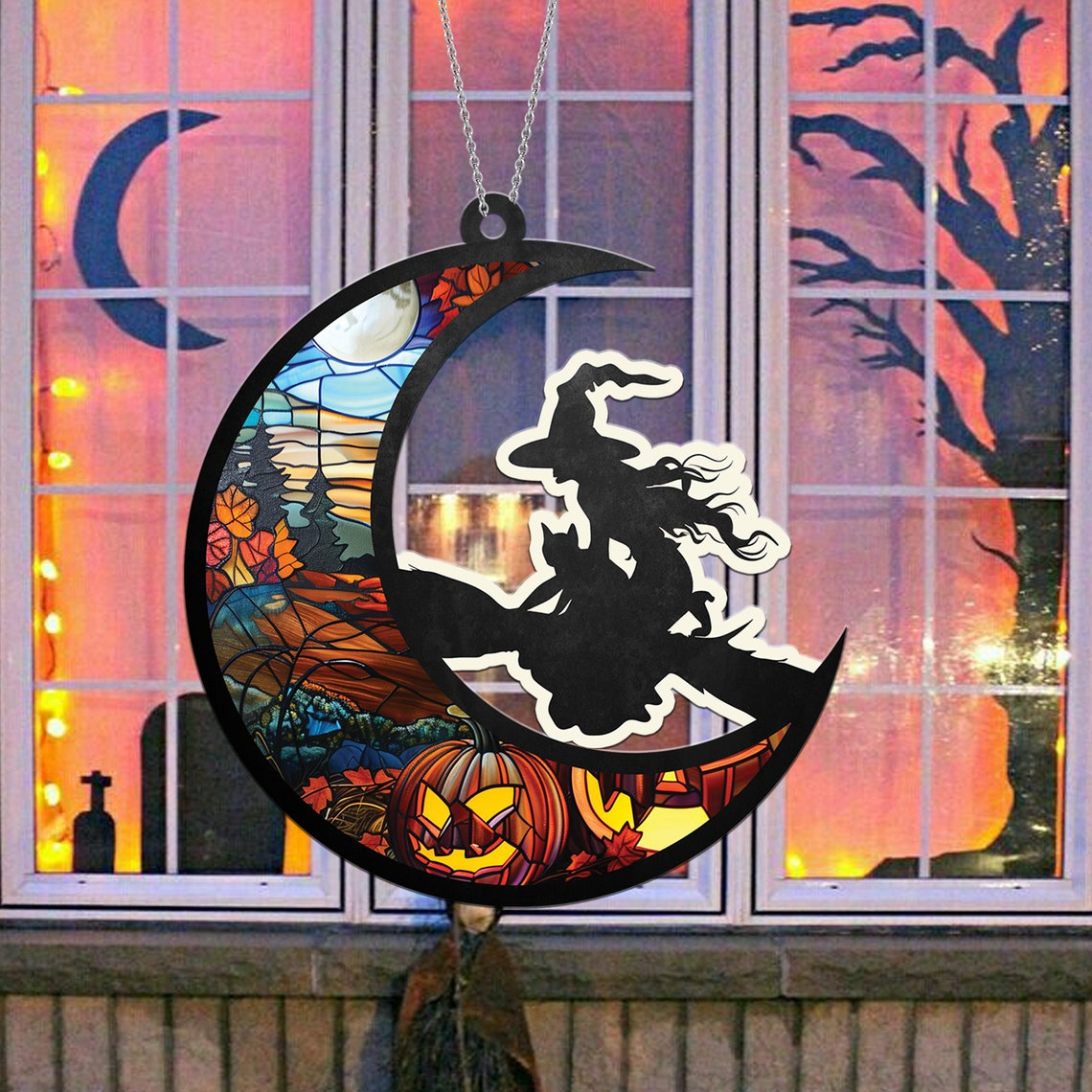 Witch with Black Cat Mosaic Moon Suncatcher, Witch On Moon Window Hanging Ornament