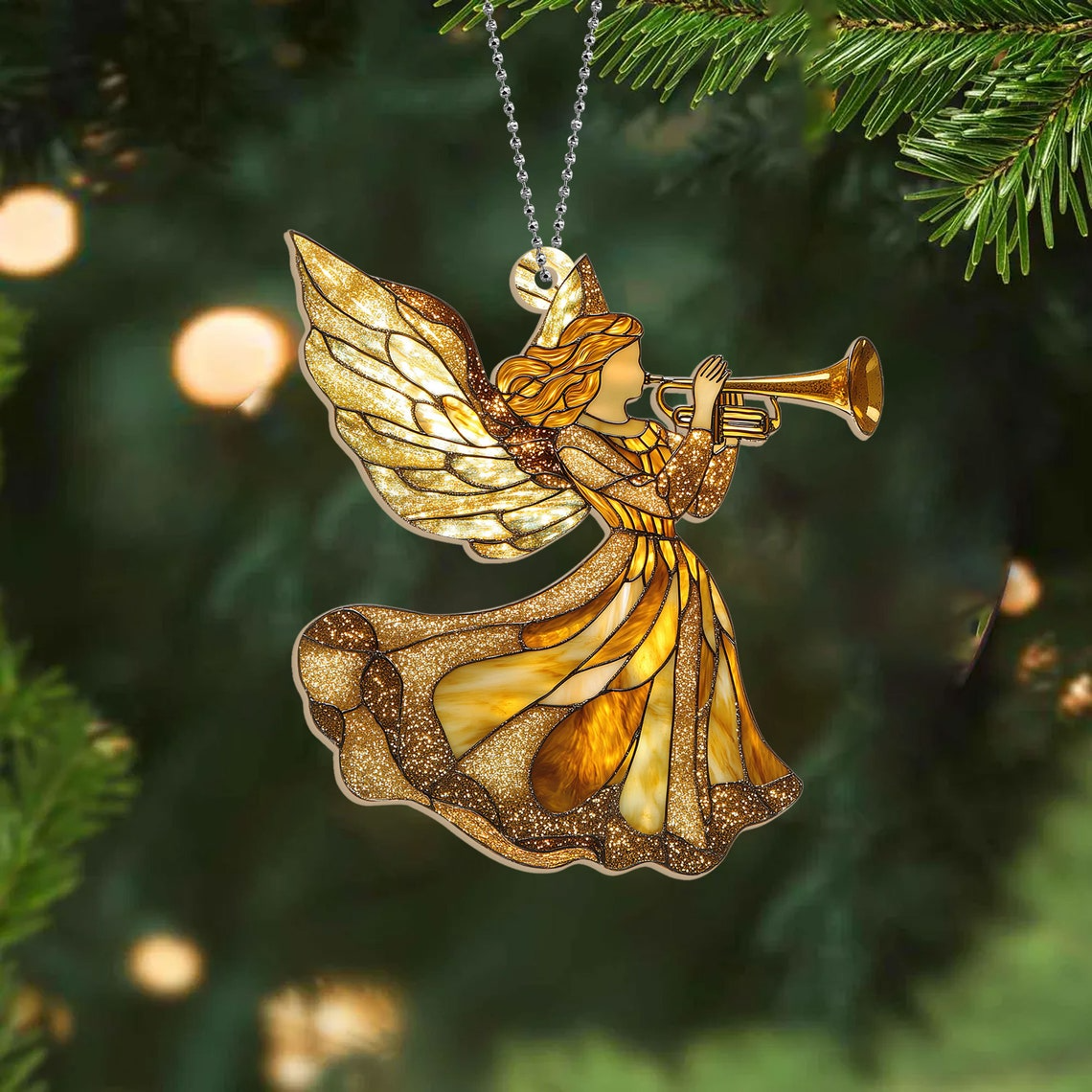 Angel with Trumpet Christmas Suncatcher, Angel with Trumpet Ornament Home Decor