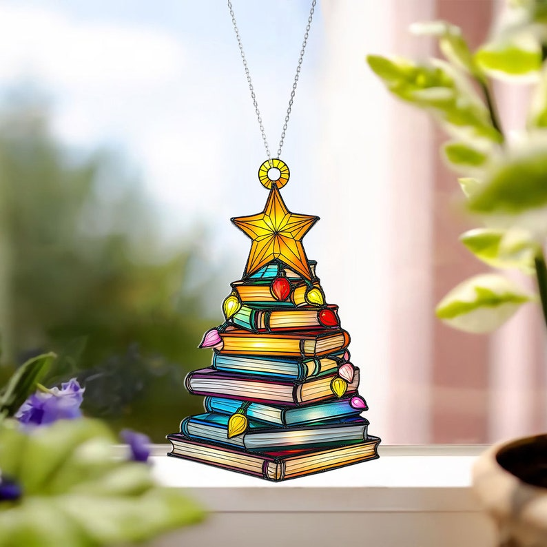 Bookstack Star Christmas Suncatcher, Books Tree Christmas Hanging Window Ornament