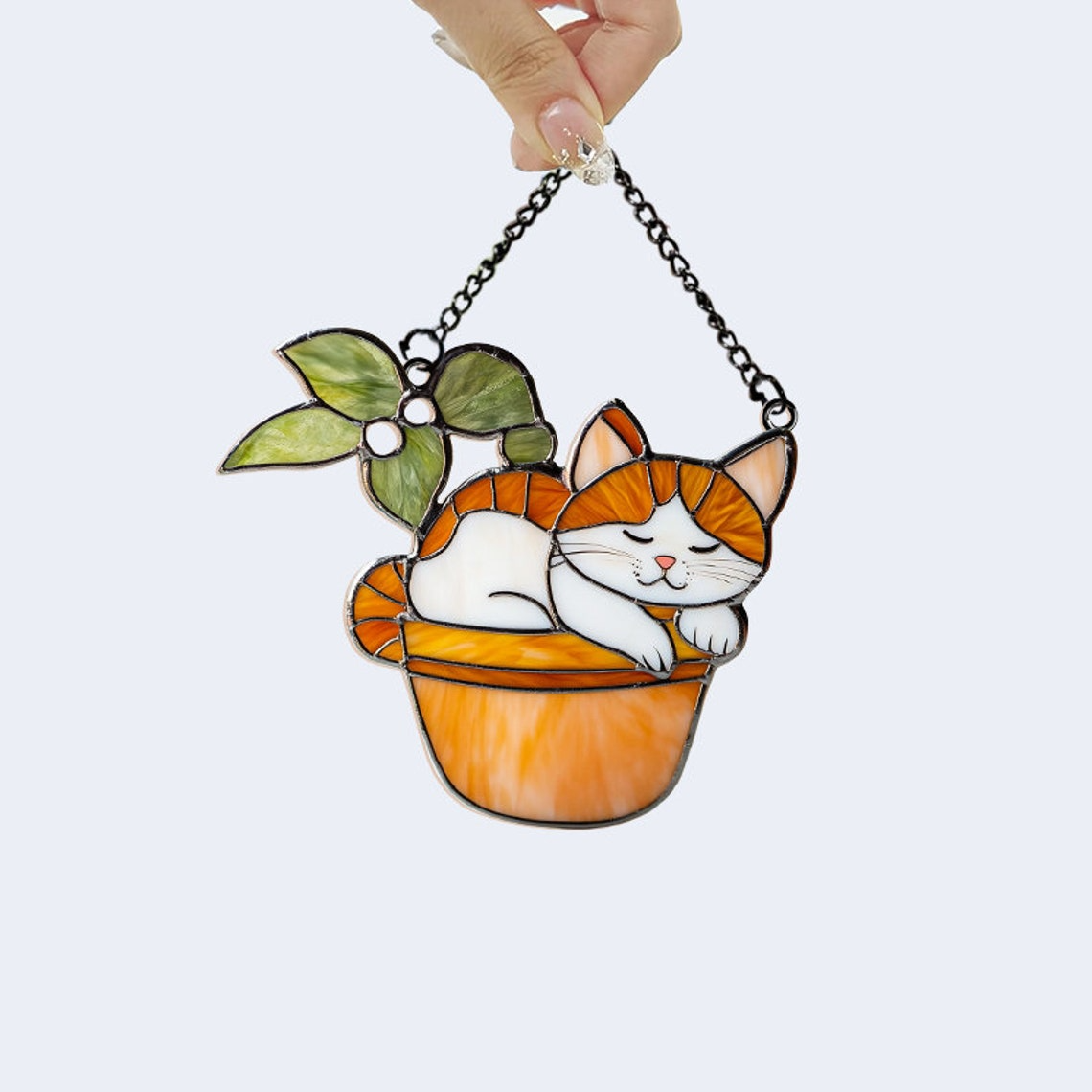 Cat on Flower Pot Hanging Window Suncatcher, Pet on Flower Pot Decor Gift