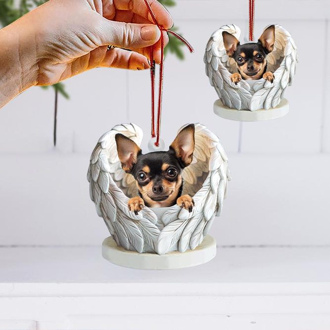 Cute Chihuahua Dog Angel Wings Ornament, Chihuahua Dog Flat Hanging Christmas Ornament Decor