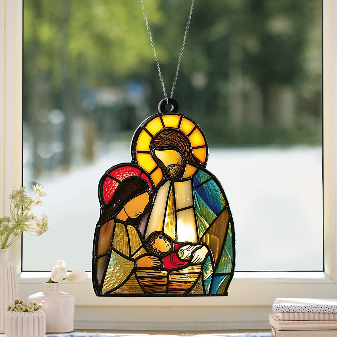 Jesus Nativity Family Suncatcher Ornament, Christian Faith Window Suncatcher