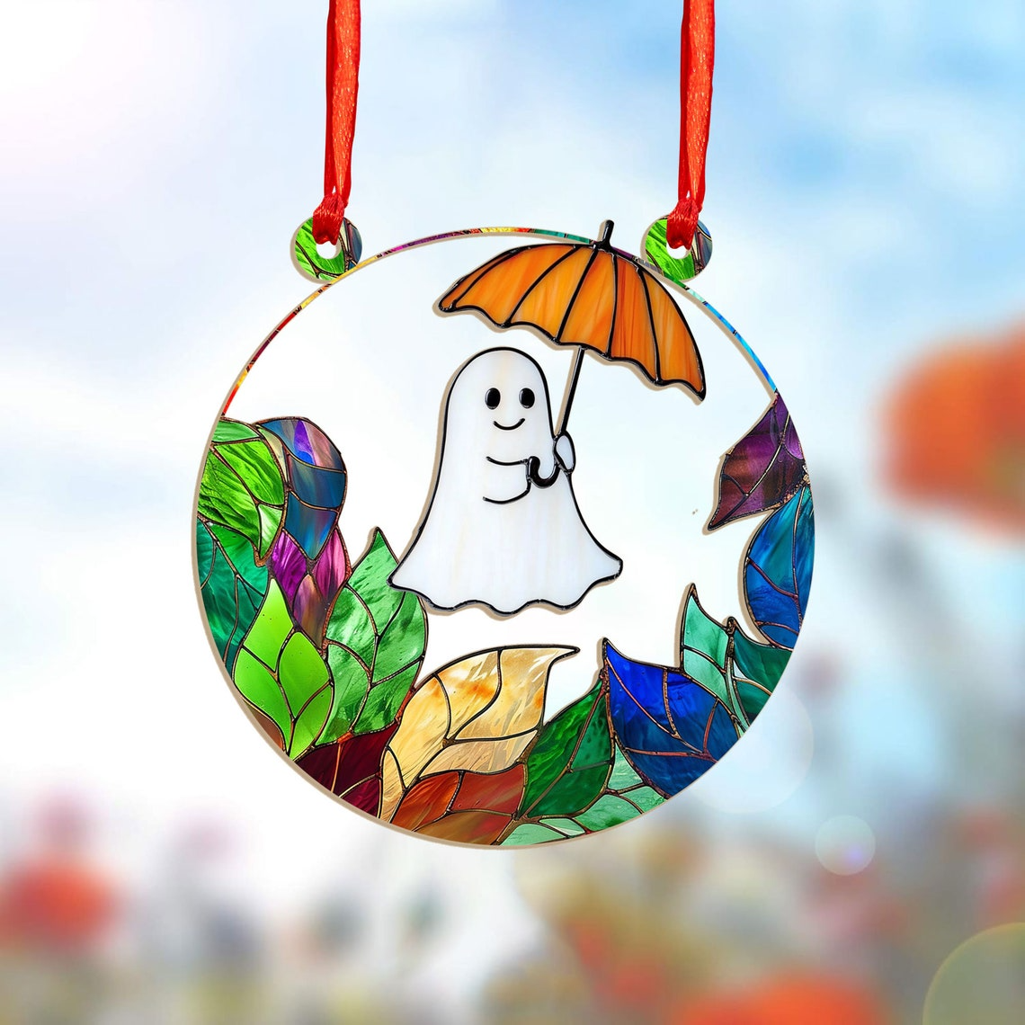 Ghost Umbrella and Leaves Fall Halloween Suncatcher, Halloween Ghost Hanging Decor Gift