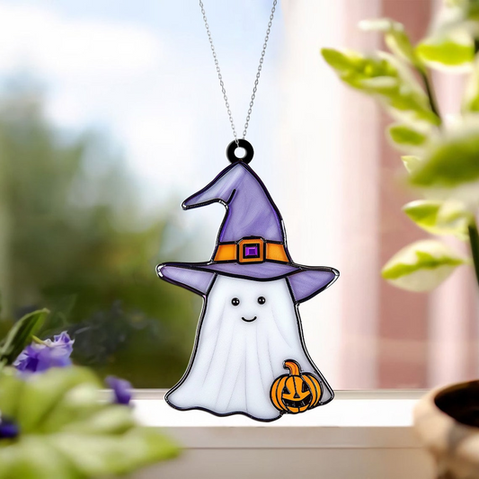 Baby Ghost Witch Suncatcher, Vintage Halloween Witch Boo Ornament Decor