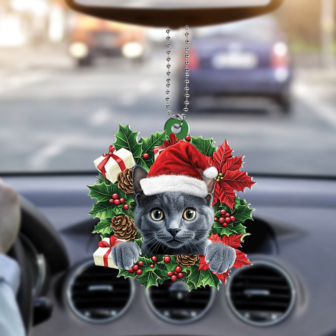 Cute Cat Hanging Christmas Wreath Ornament, Russian Blue Cat Christmas Ornament Decor Gift