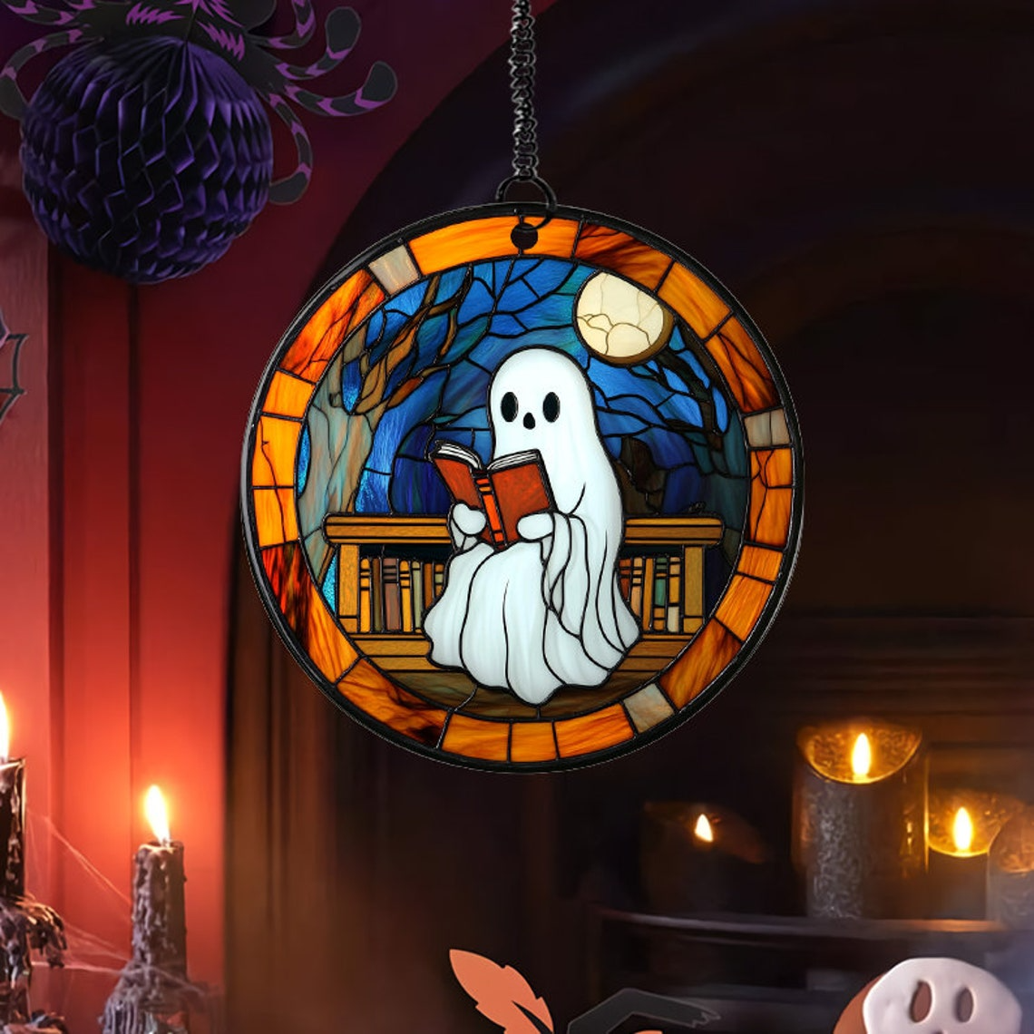 Ghost Reading Book on the Moon Suncatcher, Cute Ghost Stained Glass Decor