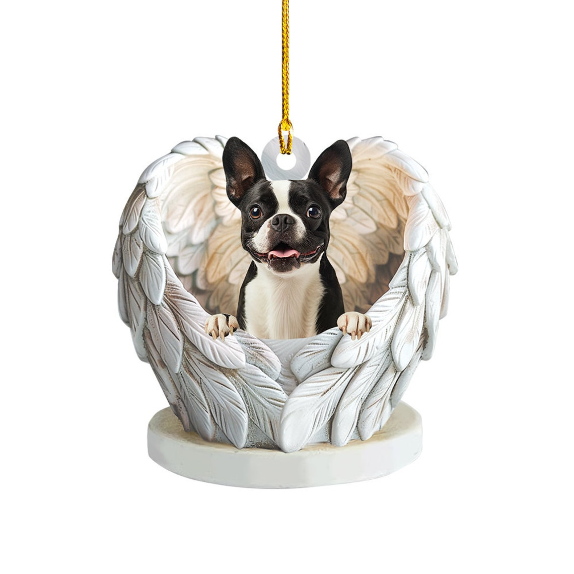 Boston Terrier Dog Angel Wings Christmas Ornament, Boston Terrier Dog Hanging Christmas Ornament