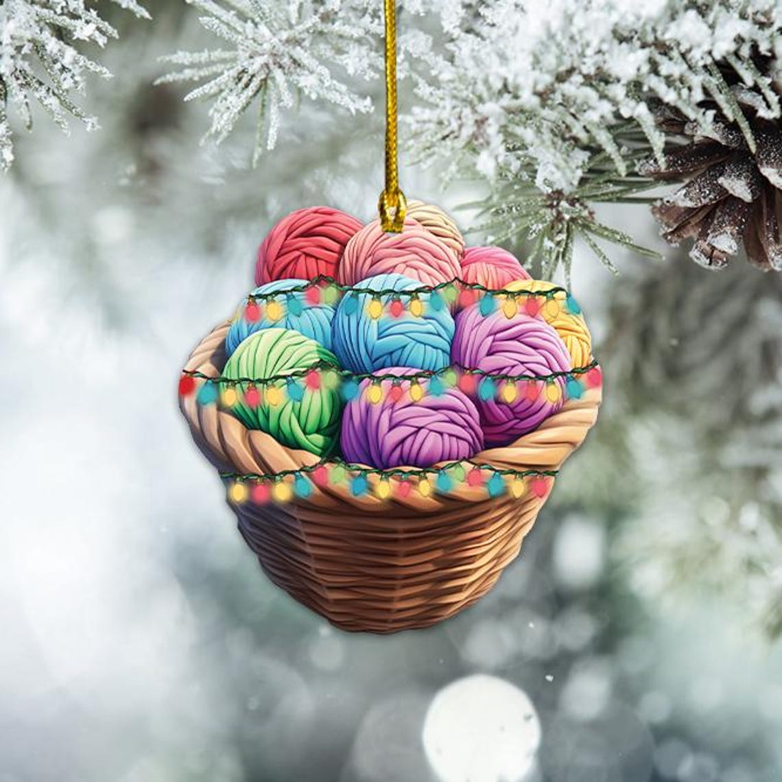 Knitting Basket Christmas Tree Light Ornament, Cute Knitting Christmas Ornament Holiday Decor